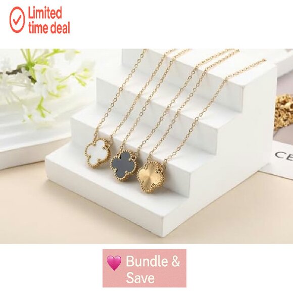 18K Gold Plated Four Leaf Clover Necklace Set 3Pcs Adjustable Chain Lucky - Picture 5 of 8
